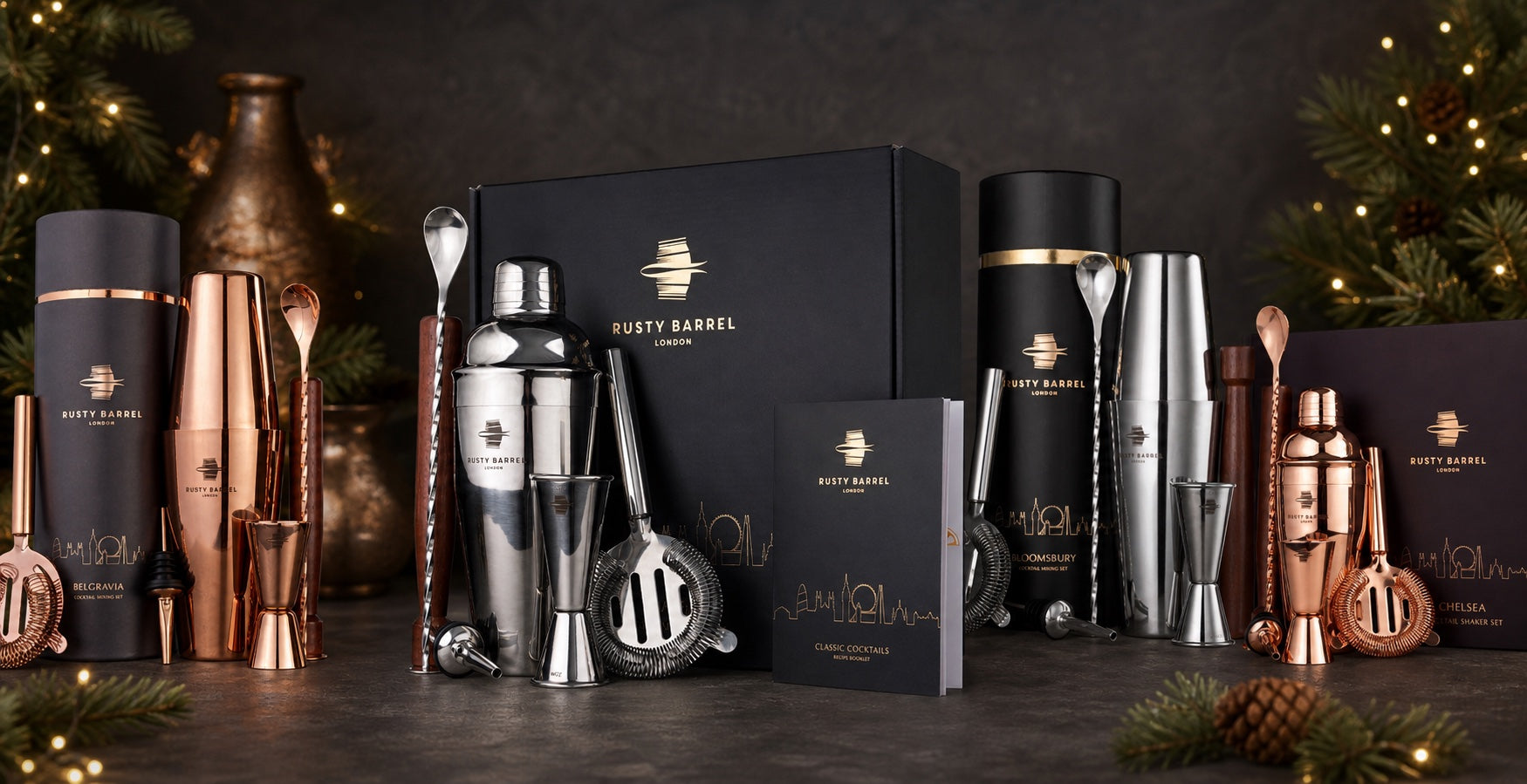 Rusty Barrel cocktail-making sets arranged for Christmas gifting