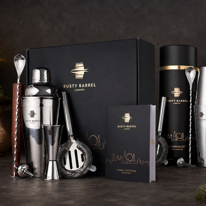 Rusty Barrel cocktail-making sets arranged for Christmas gifting