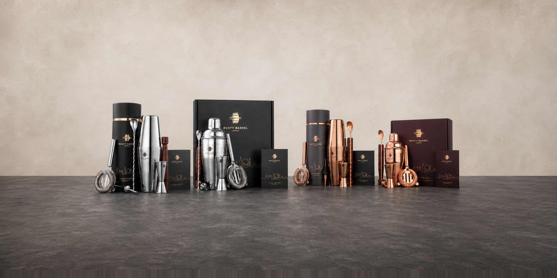 Rusty Barrel cocktail gift guide featuring Bloomsbury, Mayfair, Belgravia and Chelsea cocktail shaker sets