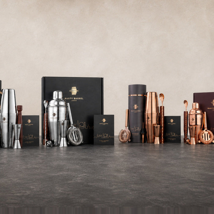 Rusty Barrel cocktail gift guide featuring Bloomsbury, Mayfair, Belgravia and Chelsea cocktail shaker sets