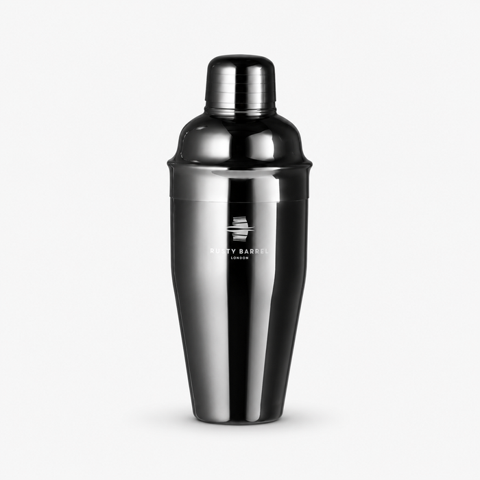 A polished stainless steel cocktail shaker with a matching lid, featuring the 'BENNY BARCLAY' brand logo on the front, set against a clean light gray background.
