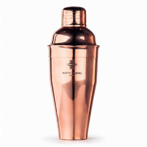 A copper-colored metal cocktail shaker with a matching lid, featuring the 'Rusty Barrel London' logo on the front, set against a plain white background.