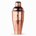A copper-colored metal cocktail shaker with a matching lid, featuring the 'Rusty Barrel London' logo on the front, set against a plain white background.