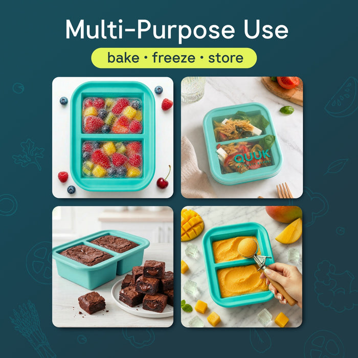 QUUK two-compartment silicone tray used for freezing fruit, storing food, baking brownies and portioning ice cream.