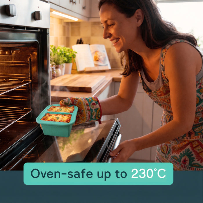 QUUK two-compartment silicone tray used for oven cooking, without its lid.