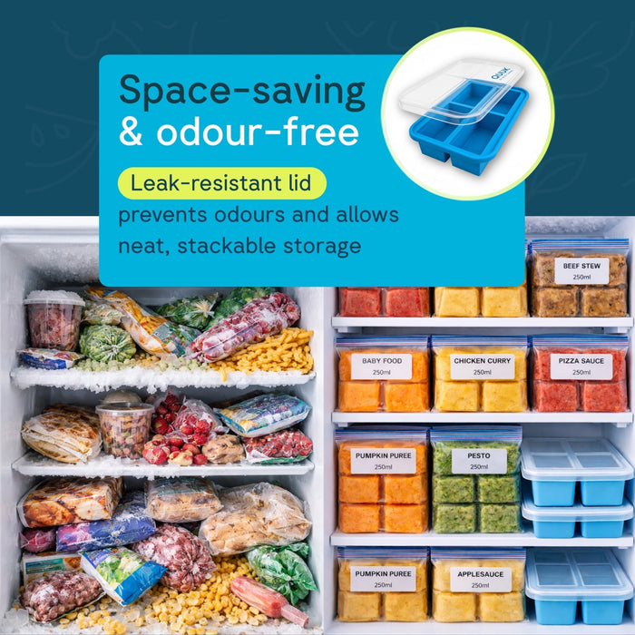 QUUK four-compartment freezer trays and lids shown with portioned food and an organised freezer.