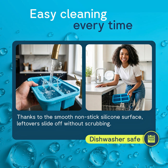 QUUK four-compartment silicone tray being rinsed and placed in a dishwasher.