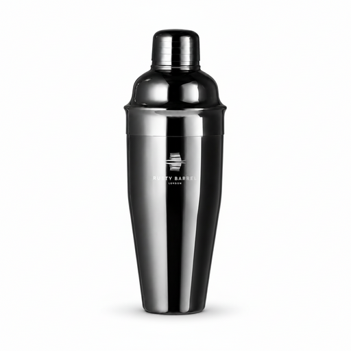 A black stainless steel cocktail shaker with a polished metallic finish and a silver Rusty Barrel logo on the front.