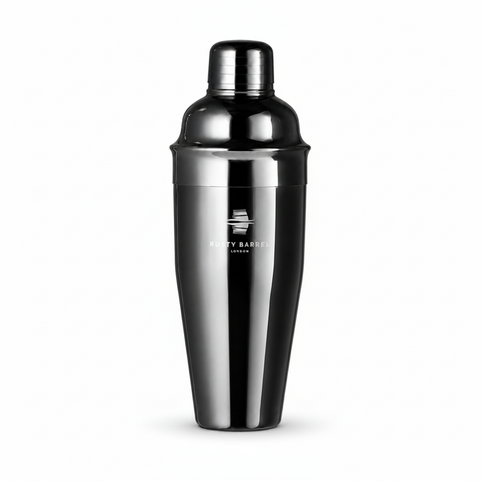 A black stainless steel cocktail shaker with a polished metallic finish and a silver Rusty Barrel logo on the front.