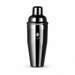 A black stainless steel cocktail shaker with a polished metallic finish and a silver Rusty Barrel logo on the front.