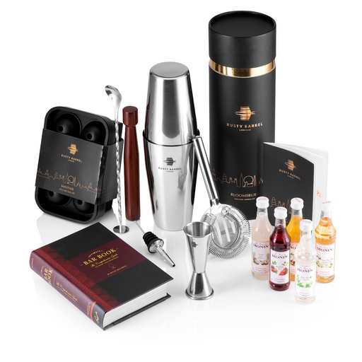 Bloomsbury silver Boston cocktail making bundle with gift tube, bar tools, Ultimate Bar Book, ice trays and five Monin syrups.