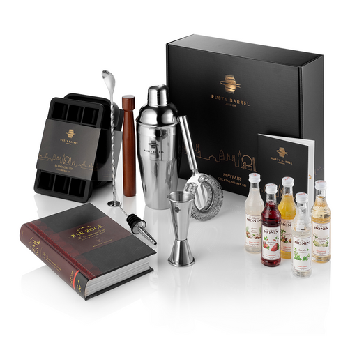 Mayfair cocktail making bundle with silver shaker, bar tools, gift box, Ultimate Bar Book, ice trays and five Monin syrups.